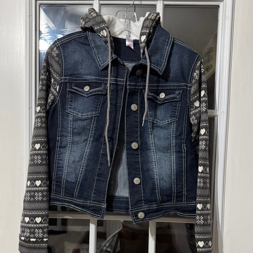 Kids Denim Jacket with Patterned Sleeves 12/14 Women XS